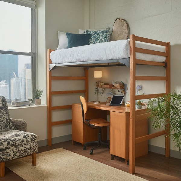 Loft bed in dorm room with desk and shelves underneath