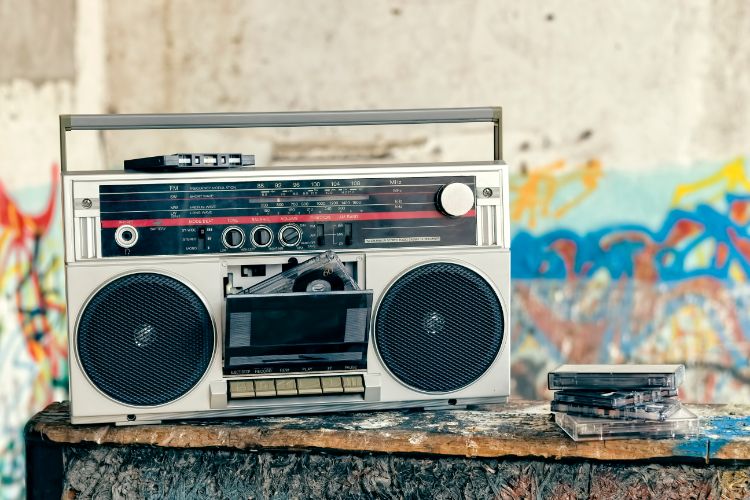 Weird College Classes - Vintage boombox with graffiti backdrop
