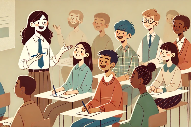 Teacher encouraging diverse group of teenagers in a classroom